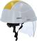 White safety helmet with a yellow top and black chin strap; the name 'Shark' is visible on the side.