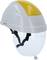A white-yellow safety helmet with a foldable visor. Features adjustable straps for a secure fit. Suitable for safety work.