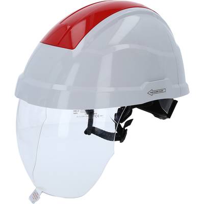 Construction helmet with clear visor and red accent on the top. Head safety protection for construction sites and work activities.