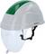 A white industrial safety helmet with a green accent and transparent visor to protect the wearer in work environments.