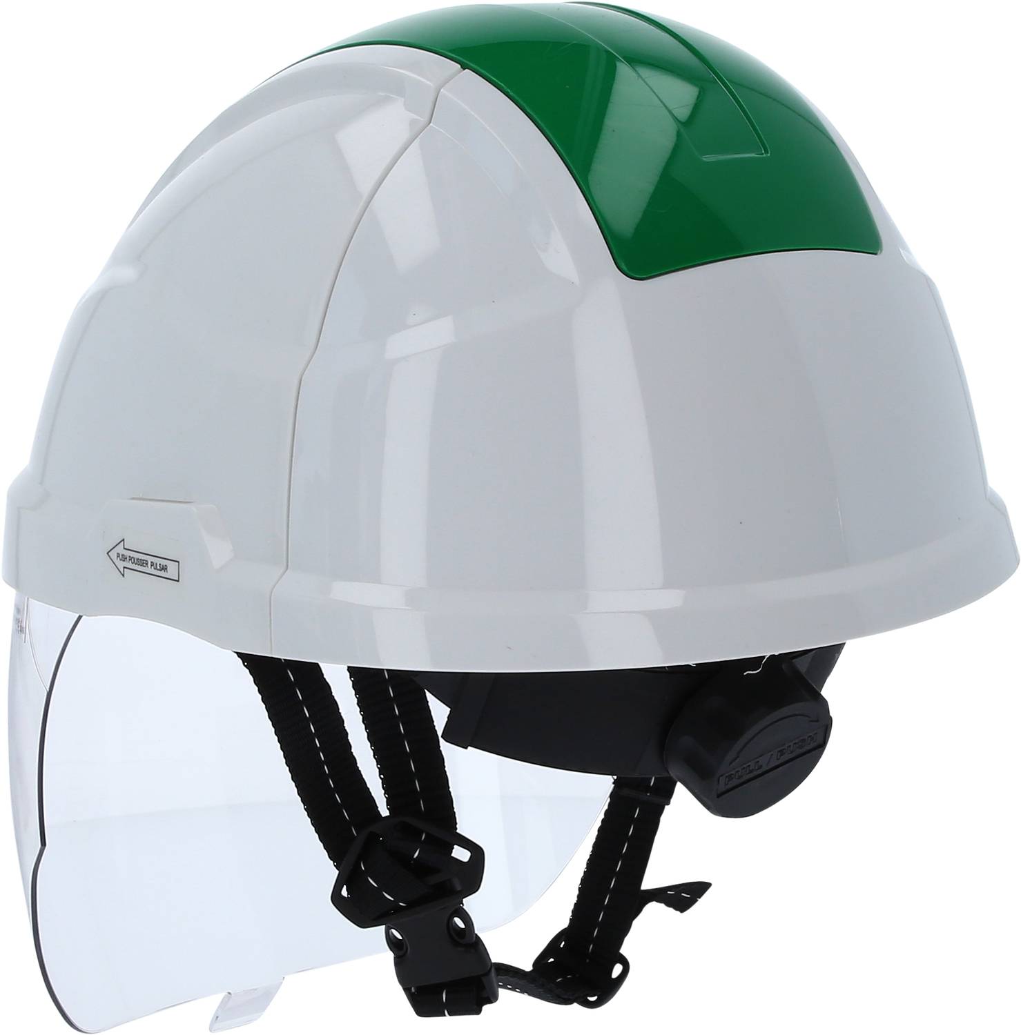 A white safety helmet with a green stripe and integrated face protection, designed for workplace safety.
