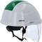 A white safety helmet with a green stripe, face shield, and company logo. Adjustable chin strap for secure positioning.