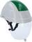 White plastic safety helmet with a green stripe on the top and a transparent face shield. Ideal for safety purposes.