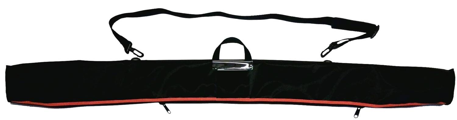 Black bag with orange zip and strap, suitable for carrying long items such as skis or fishing rods.