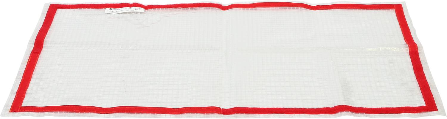 Rectangular non-slip mat with a red border, set on a white background, designed to secure items on smooth surfaces.