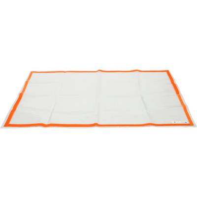 White blanket with an orange border on a white background. It is rectangular and spread out smoothly.