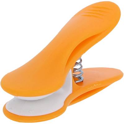An orange, clip-like document holder with a spring mechanism used for securing bundles of paper.