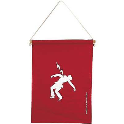 Red banner with a stylised white figure representing a lightning bolt. This could symbolise a warning about electrical danger.