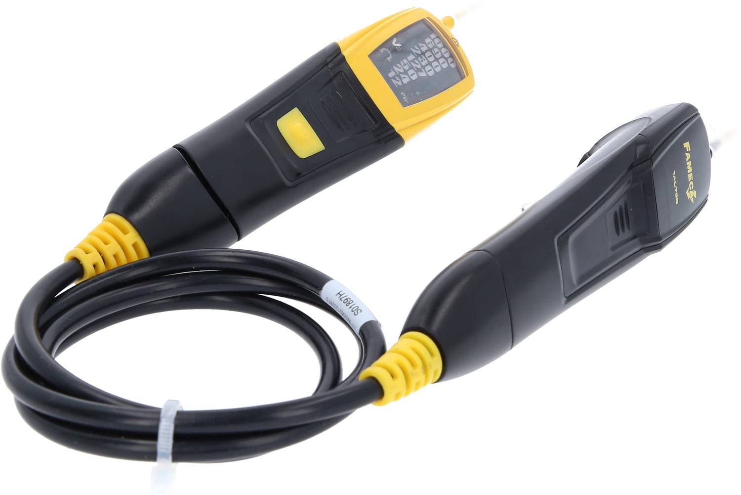 'Voltage tester with display and cable, black and yellow, for measuring electrical voltages.'