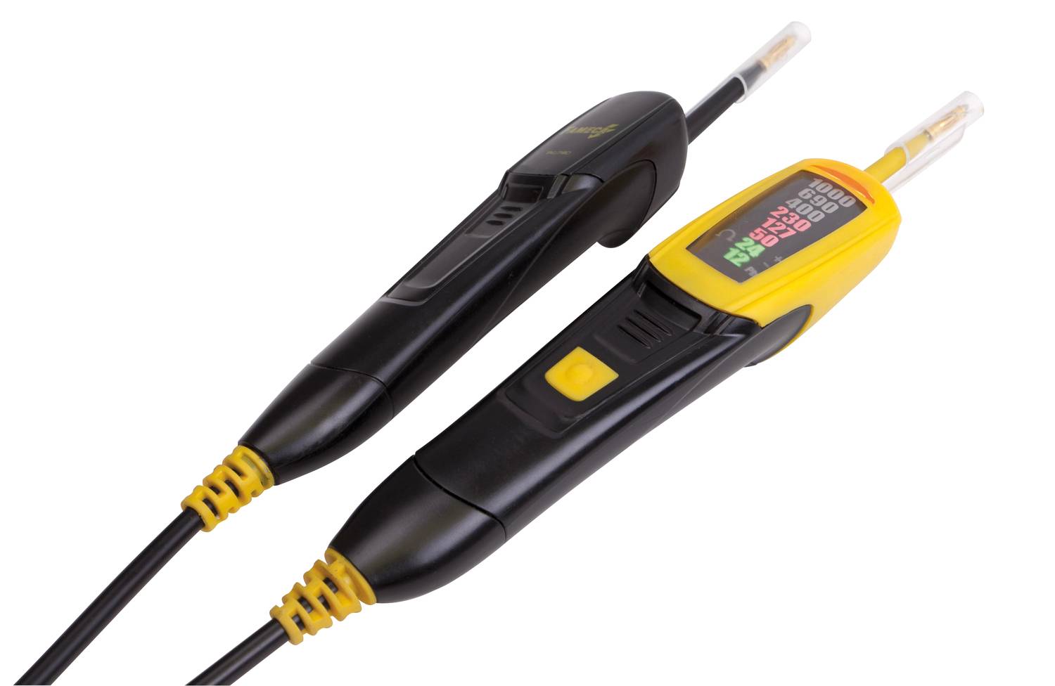 Two electrical voltage testers in black and yellow with LED indicators are displaying values used for checking electrical circuits.