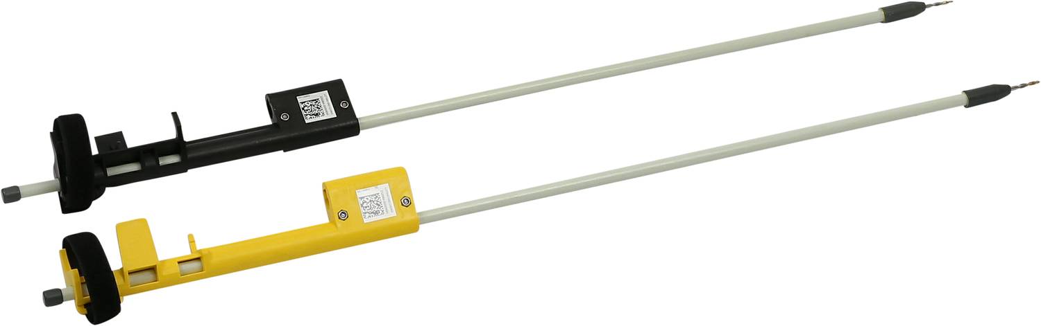 Two long, thin tools, one black, one yellow, lying side by side. Both have a square element with a barcode.