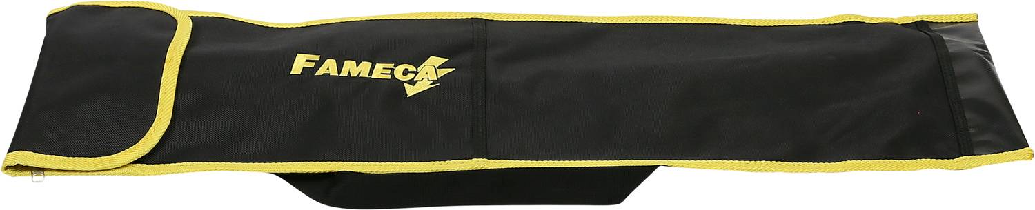 A black bag with a yellow border and the 'FAMECA' print in yellow. It appears to be made of fabric.