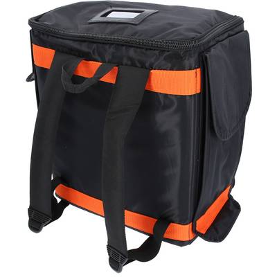 Black rucksack with orange stripes, side pockets and carry handles; robust design, potentially for outdoor purposes.