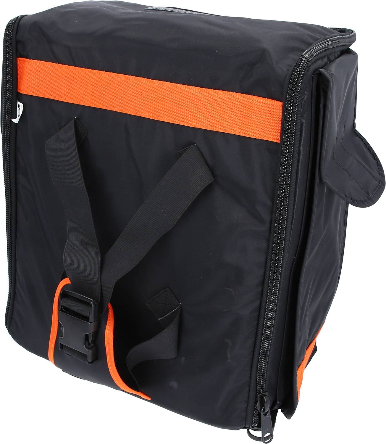 A black bag with an orange stripe and an external strap. It has a large zip and handles on the sides.