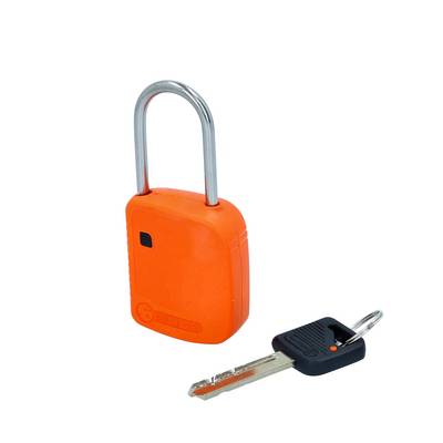 An orange padlock stands upright next to a key. The key lies horizontally and has a black plastic handle.