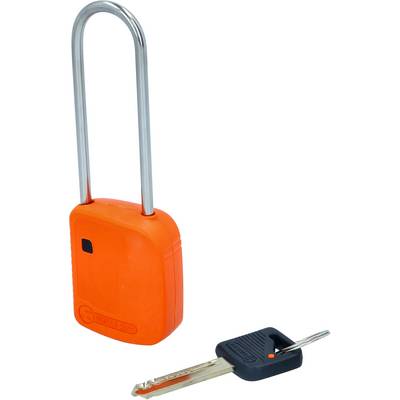 An orange padlock with a long shackle and matching black key.