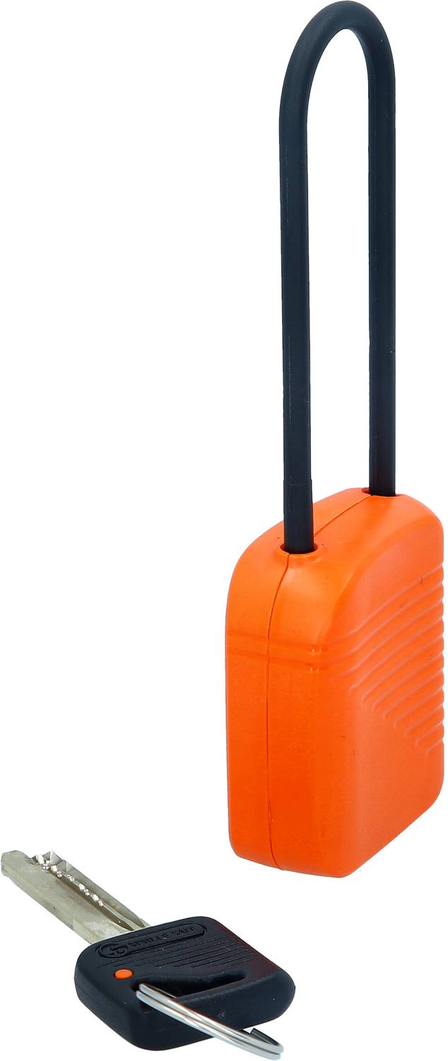 An orange padlock with a long shackle and an accompanying key. Suitable for securing bicycles or gates.
