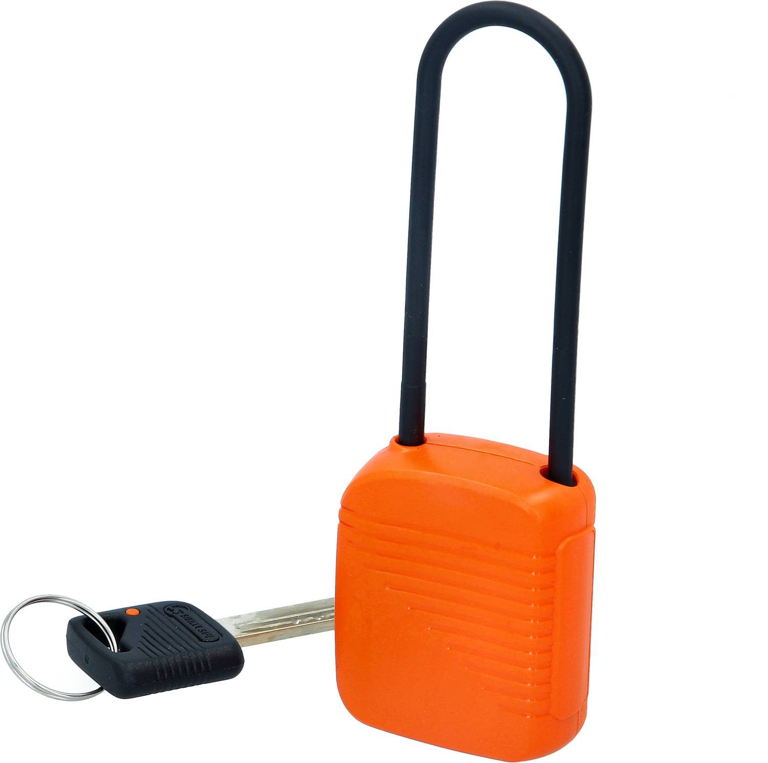 An orange padlock with a long shackle, combined with a matching key.