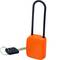 An orange padlock with a long shackle, combined with a matching key.