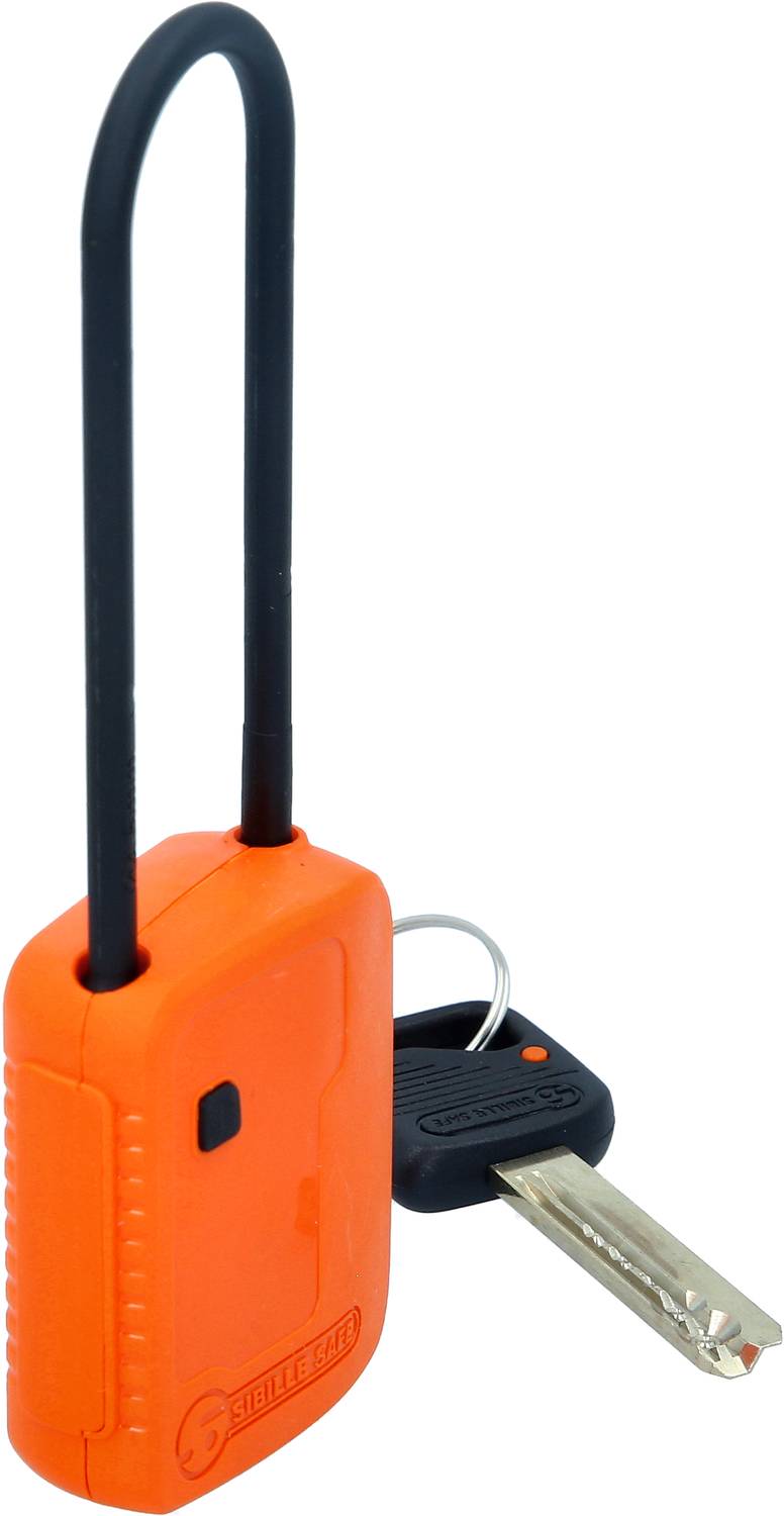 An orange cable lock with a black cable and metal key, suitable for securing items outdoors.
