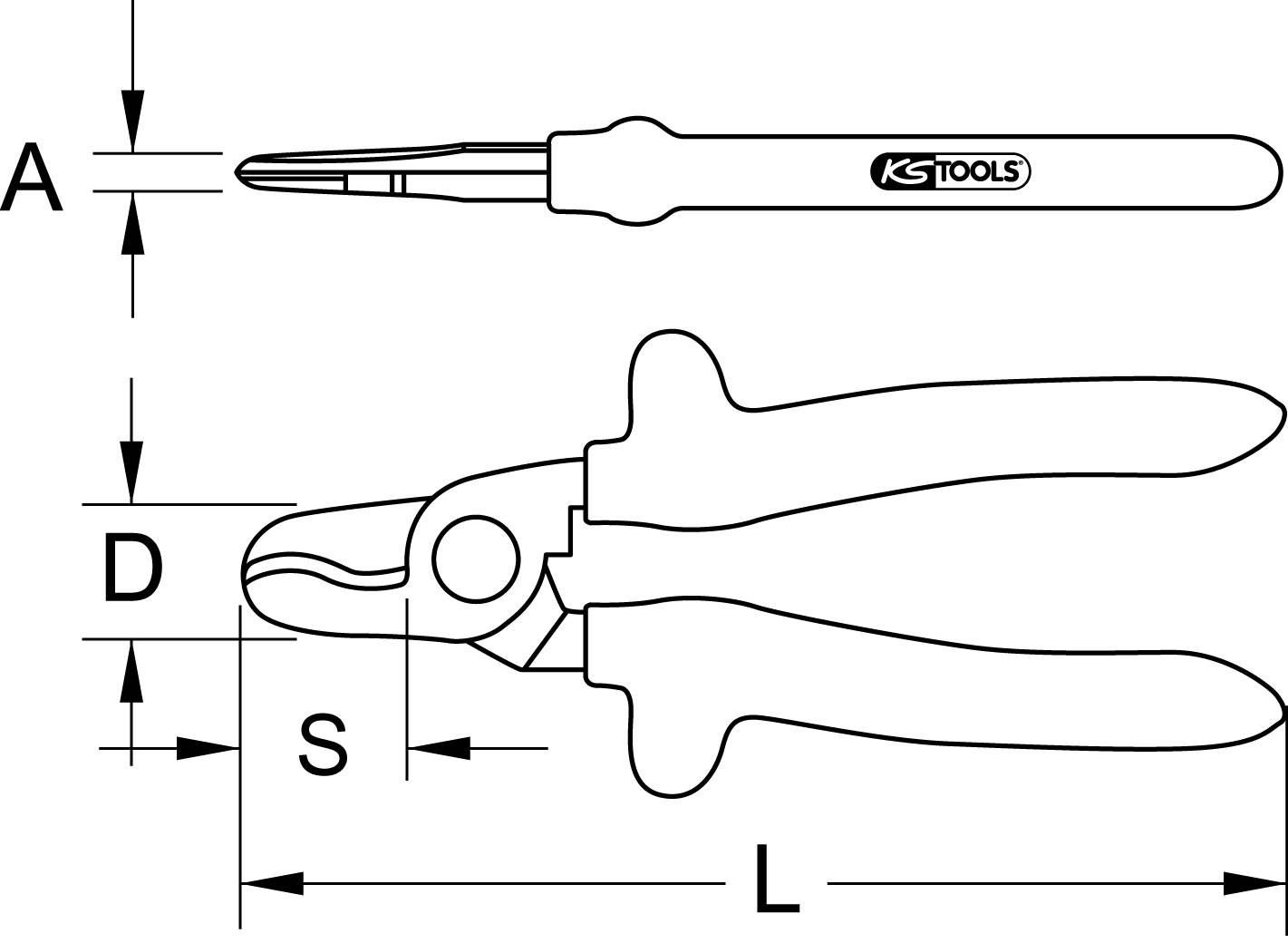 Technical drawing of a pair of pliers with dimensions: Length (L), Diameter (D), Gap (S) and Grip Width (A). Marked with 'KS Tools'.