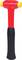 Red plastic hammer with black handle and yellow ends, suitable for light-duty work.