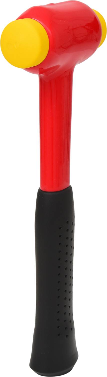 A red and yellow plastic hammer with a black handle, often used for tasks requiring gentle hammering.
