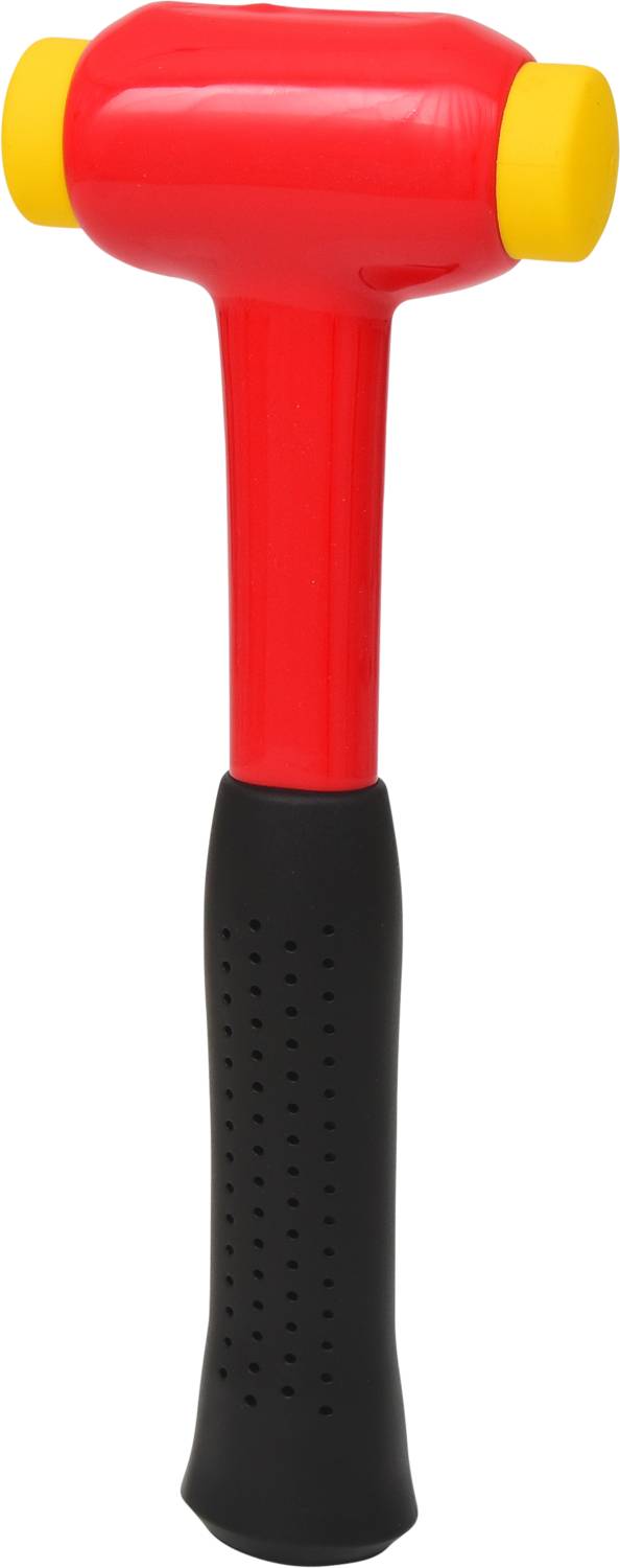 A colourful plastic hammer with a red head and handle, yellow ends and a black rubber grip.