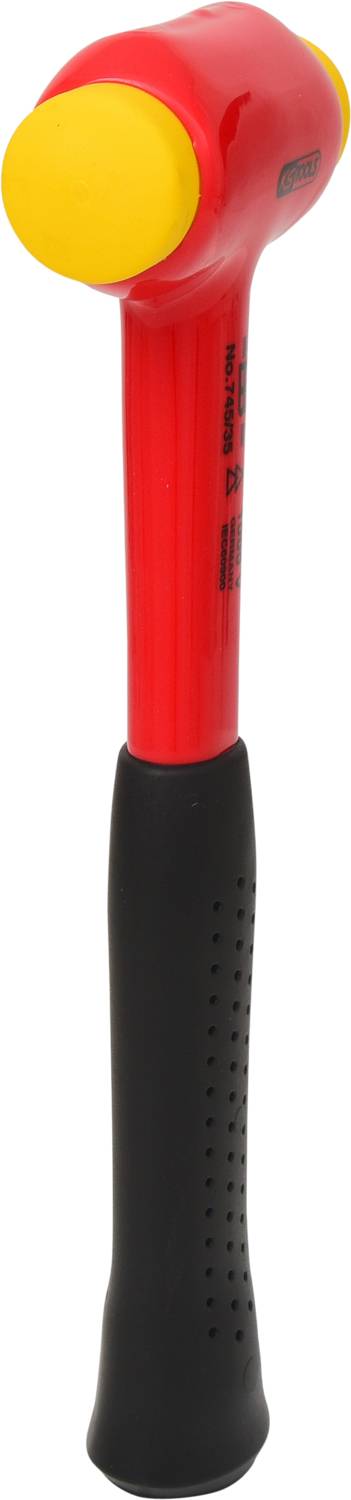 A red plastic hammer with a yellow head and black handle.