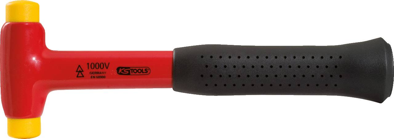 A red, isolated hammer with a black handle. Suitable for work up to 1000V, as indicated on the label.