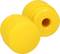 Two yellow plastic caps, one standing upright and the other tilted, against a white background.