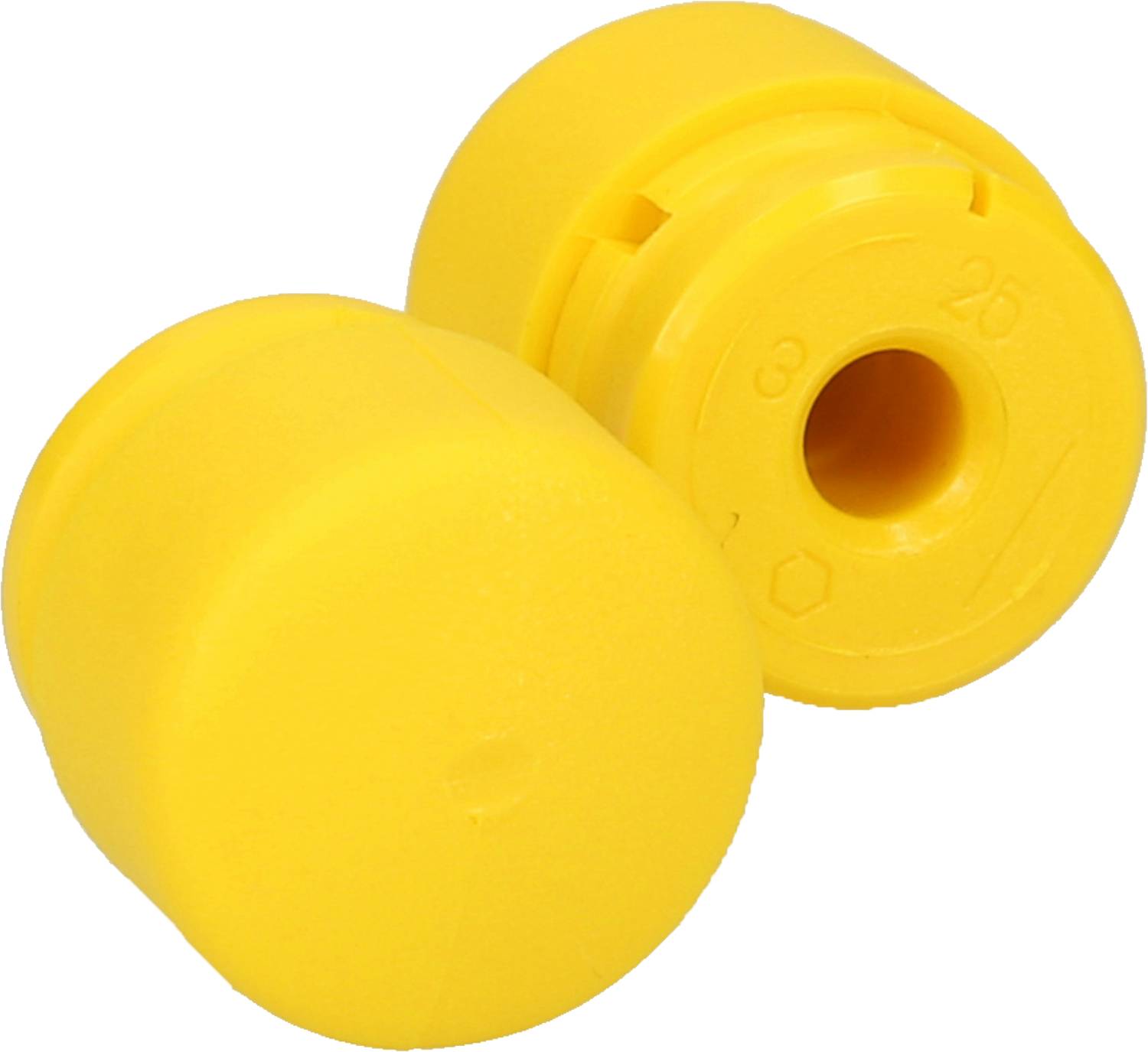 Two yellow plastic threaded caps lying side by side.