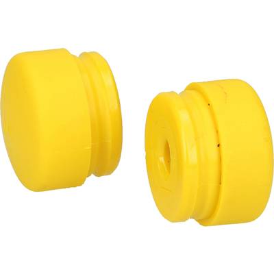 Two yellow, cylindrical plastic caps, shown side by side. They have different heights and a central hollow space.
