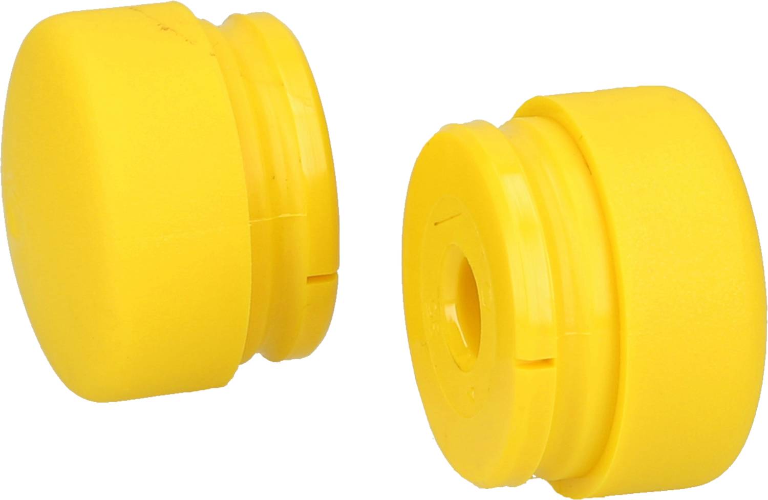 Two yellow plastic protective caps. They are cylindrically shaped with a flattened top surface and have a central opening.