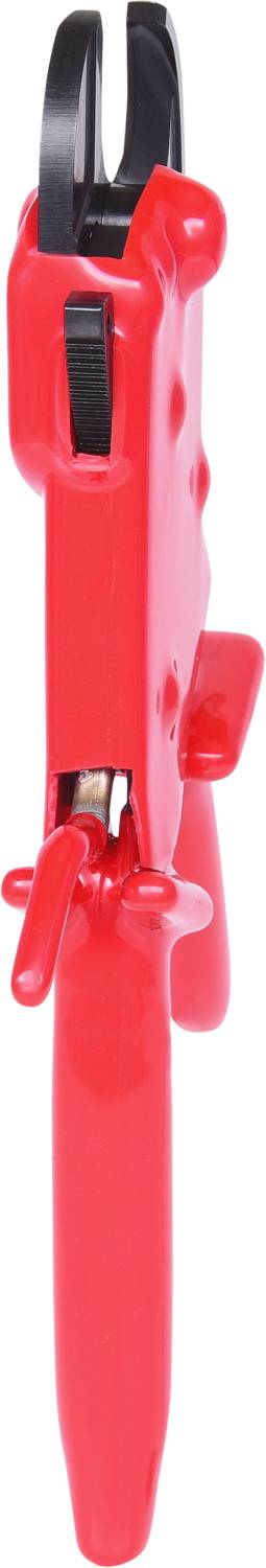 Red pliers with a black tip, in an open position. Uses lever mechanism. Tool against a white background.