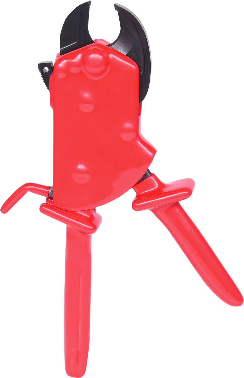 Red cable cutters with a black blade and plastic handles, suitable for cutting thick cables in electrical applications.