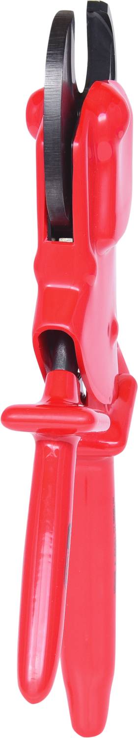 Red cable tie tool for tensioning and cutting cable ties, with an ergonomic grip for better grip and control.