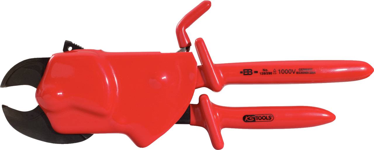 Red electrical cable cutters with insulated handles, suitable for cutting live cables.