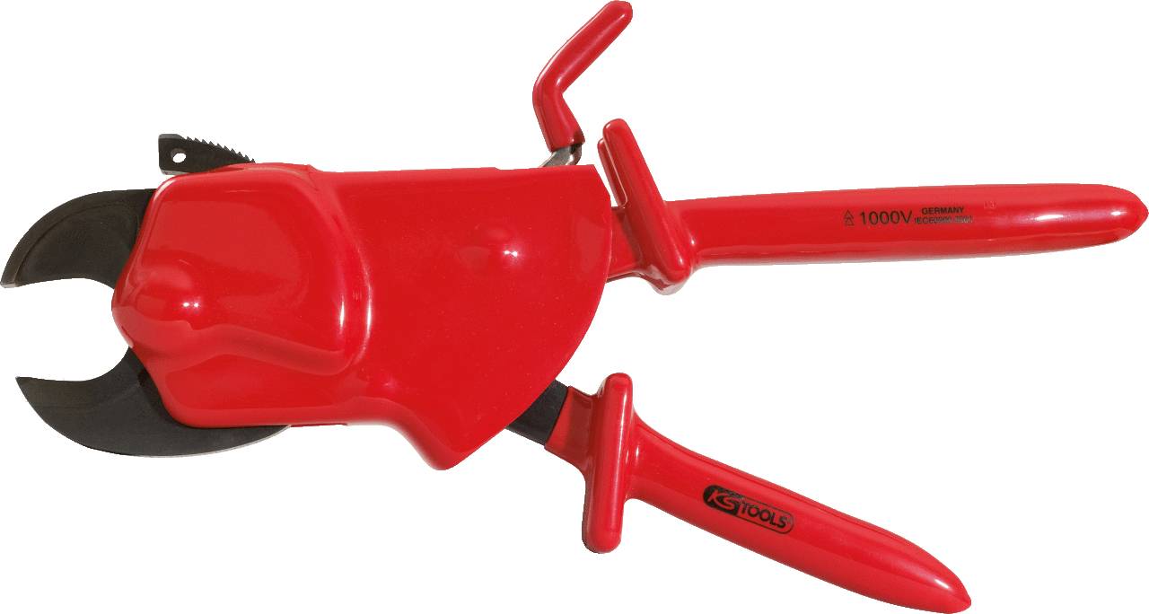 Brightly illuminating red cable cutters insulated for 1000V, with two handles and robust blades. Ideal for electrical work.