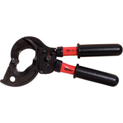 Cable cutters with red handles and black cutting head, suitable for cutting thick cables in industrial workshops.