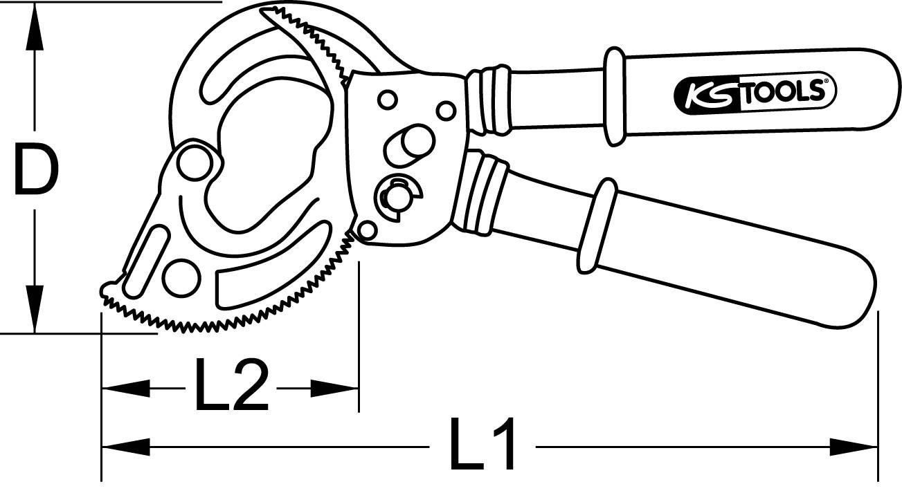 Line diagram of a ratchet pipe wrench by the brand 'KS Tools' with dimensions L1, L2 and D. Main components and measurements highlighted.