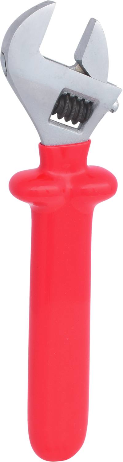 An adjustable spanner with a red handle and a shiny metal head. Primary tool used for loosening bolts and nuts.