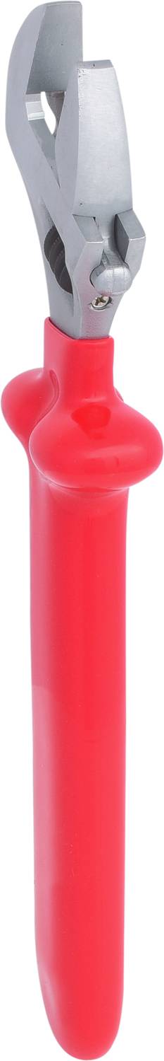 Red pipe wrench with metal head and long handle, suitable for plumbing and pipefitting work.