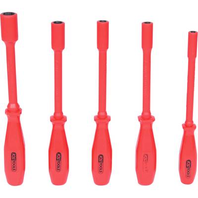 Five red insulated screwdrivers in various sizes, aligned in a row.