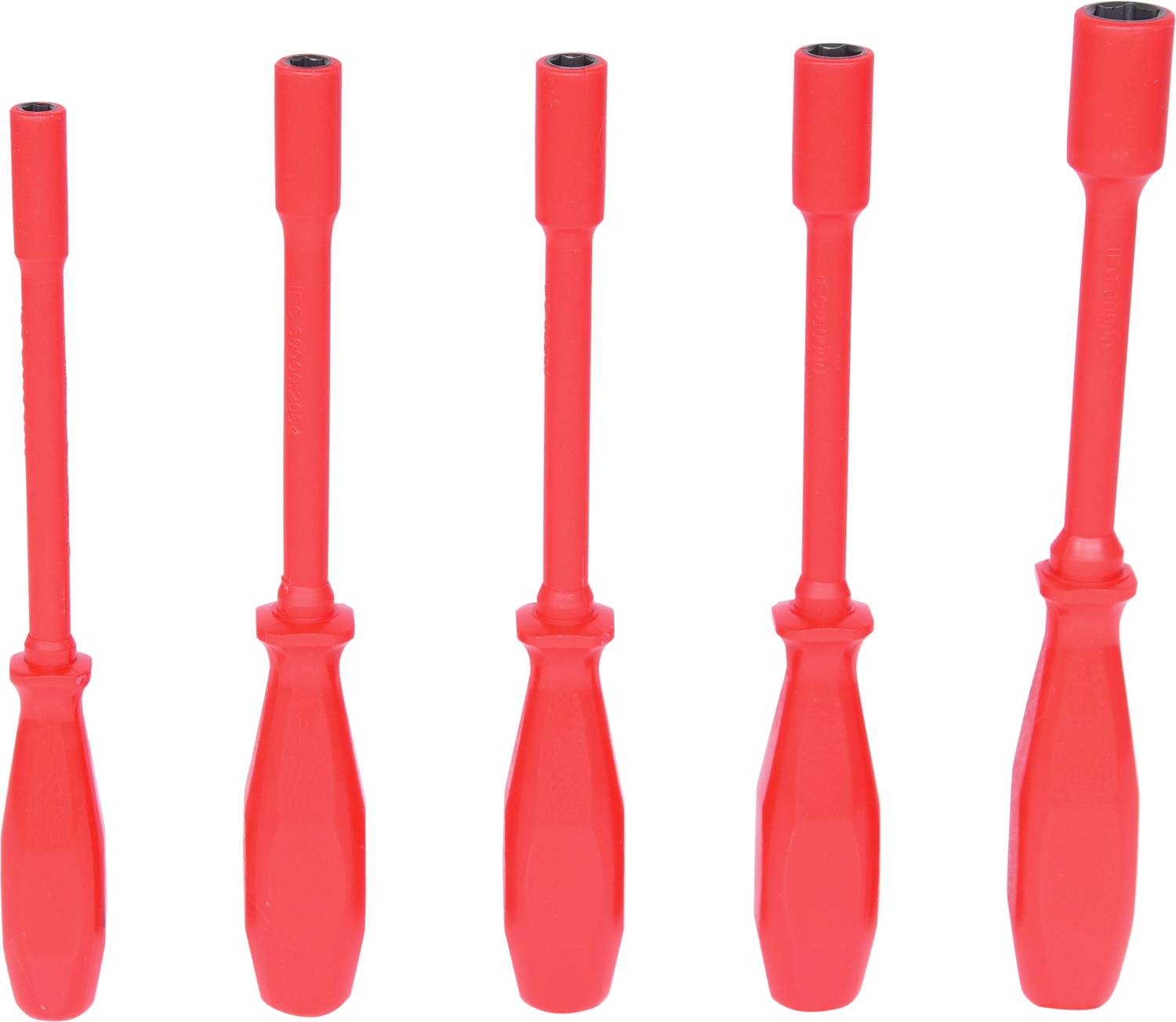 Five red insulated screwdrivers of different sizes, arranged vertically side by side.