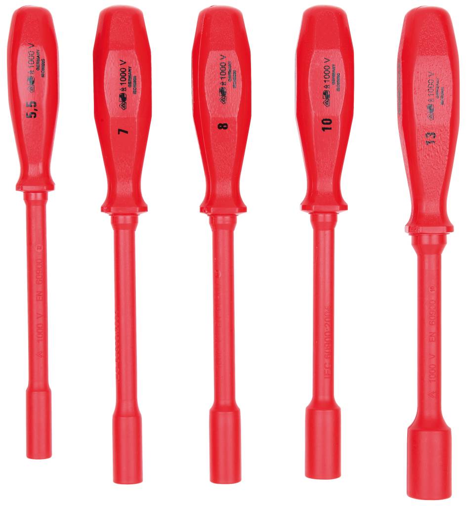 Five red isolated screwdrivers in various sizes; handles inscribed with '1000V' for electrical safety.