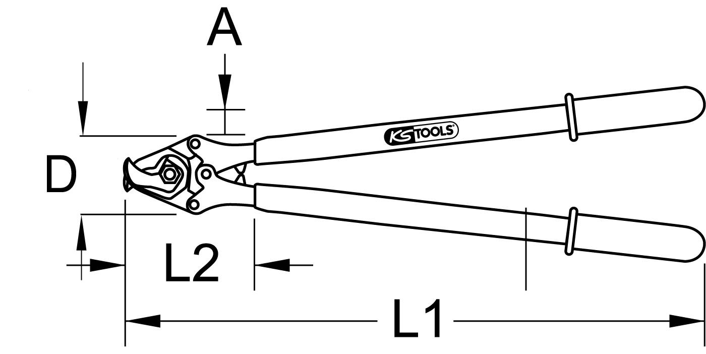 A drawing of a bolt cutter by KS Tools with markings for dimensions: A, D, L1, and L2.