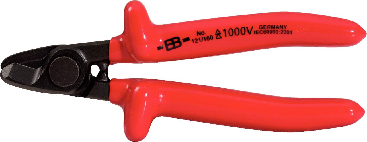 Red cable cutters with insulated handles, suitable for work on electrical installations up to 1000 volts.