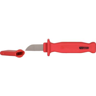 Red, isolated wire stripping knife with protective cap, suitable for removing cable insulation.<br><br>Translation to British English:<br>Red, isolated wire stripping knife with protective cap, suitable for removing cable insulation.
