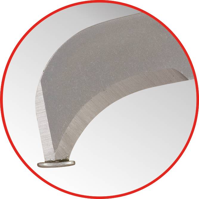 Metal hook device in a round, red border; angled, sharp edge visible.